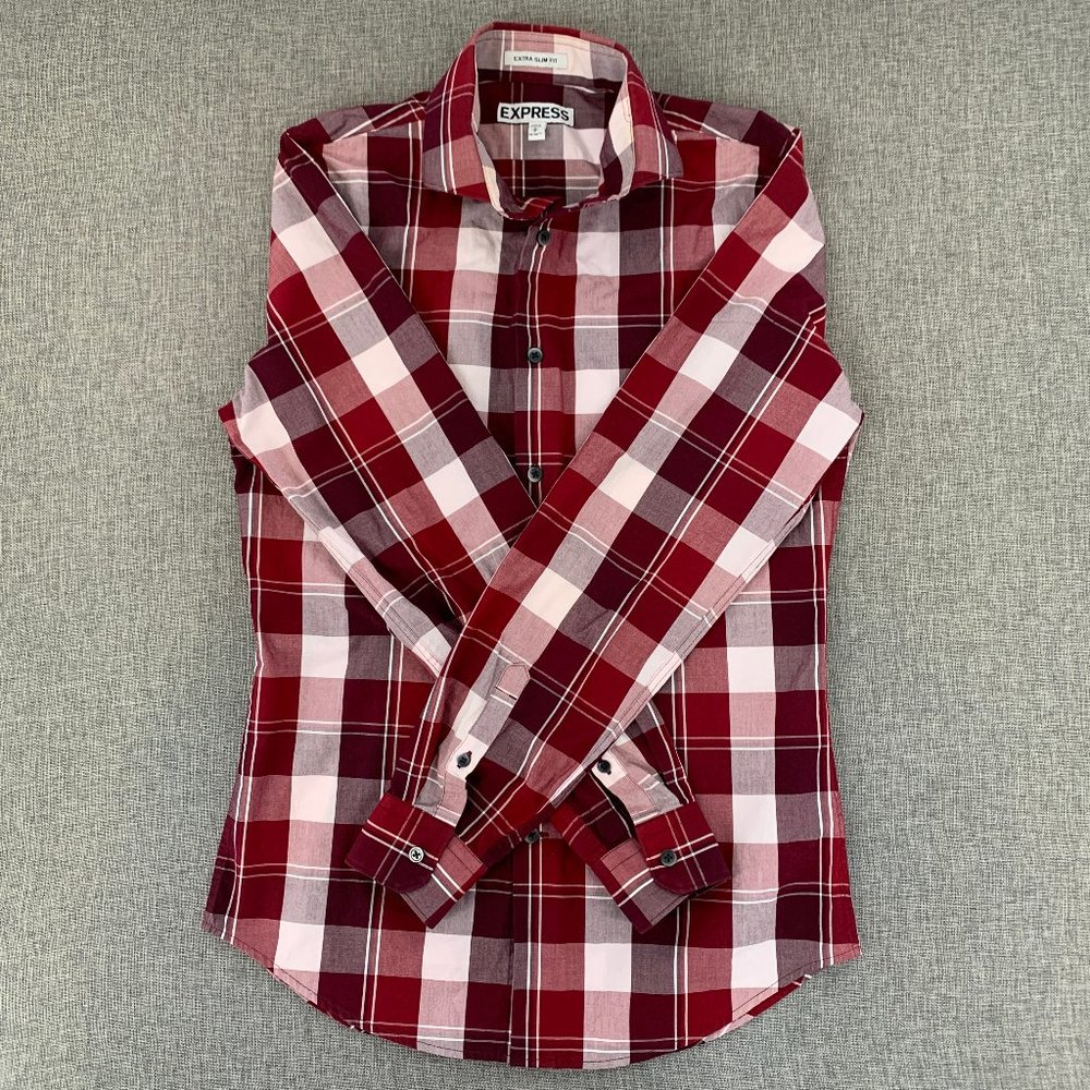 Men's Express Plaid Extra Slim Button Down Shirt Long Sleeve Small 100% Cotton - Picture 1 of 11